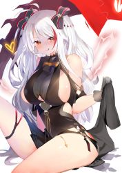 Rule 34 | 1girl, :q, absurdres, alternate costume, antenna hair, azur lane, black dress, blush, bow, breasts, brown eyes, dress, gloves, hair between eyes, hair bow, heart, highres, hoerutarou, large breasts, lightning, long hair, looking at viewer, mole, mole on breast, multicolored hair, prinz eugen (azur lane), prinz eugen (cordial cornflower) (azur lane), red hair, rigging, silver hair, simple background, sitting, skirt hold, solo, streaked hair, thighs, tongue, tongue out, twitter username, two side up, very long hair, white background