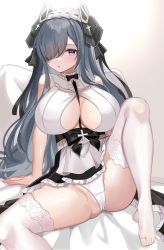 Rule 34 | 1girl, apron, ass, august von parseval (azur lane), august von parseval (the conquered unhulde) (azur lane), azur lane, bare shoulders, between breasts, black dress, breasts, center opening, curled horns, dress, hair over one eye, highres, horns, katsushika pachi, large breasts, long hair, mechanical horns, no shoes, official alternate costume, panties, purple eyes, soles, solo, strap between breasts, thighhighs, underwear, very long hair, white apron, white panties, white thighhighs