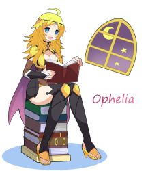 Rule 34 | 1girl, ahoge, blonde hair, blue eyes, book, book stack, breasts, cape, character name, circlet, cleavage, fire emblem, fire emblem fates, full body, high heels, holding, holding book, indoors, long hair, looking at viewer, nintendo, open book, open mouth, ophelia (fire emblem), shira yu ki, sitting, solo, toes, window