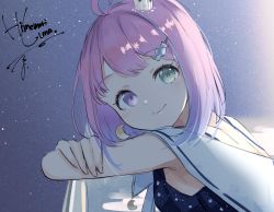 Rule 34 | 1girl, absurdres, ahoge, armpits, breasts, candy hair ornament, character name, crown, earrings, food-themed hair ornament, gradient hair, green eyes, hair ornament, heterochromia, highres, himemori luna, himemori luna (sundress), hololive, jewelry, light blush, looking at viewer, mini crown, moon (ornament), multicolored hair, official alternate costume, ogura tubuan, pink hair, purple eyes, romaji text, small breasts, solo, star (symbol), starry background, virtual youtuber