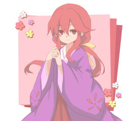 Rule 34 | 1girl, bow, closed mouth, cocoa (cocoa1qld), commentary request, ellipsis (mitei), floral print, hair bow, happy, japanese clothes, kimono, kotohime (touhou), long hair, long sleeves, looking at viewer, ponytail, purple kimono, red eyes, red hair, red skirt, skirt, smile, touhou, touhou (pc-98), wide sleeves, yellow bow