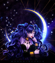 Rule 34 | 1girl, artist name, bad id, bad pixiv id, bare shoulders, bishoujo senshi sailor moon, black hair, breasts, cleavage, collar, crescent, crescent earrings, crescent moon, dated, double bun, earrings, forehead jewel, grey eyes, jewelry, lips, lipstick, long hair, looking at viewer, makeup, maroniel0916, moon, nail polish, nehelenia (sailor moon), pointy ears, solo, upper body, wavy hair