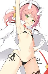 Rule 34 | 1girl, arm up, azur lane, beret, bikini, collarbone, commentary request, flat chest, gloves, green eyes, hair ornament, hair ribbon, hat, highres, horns, looking at viewer, micro bikini, navel, open clothes, open mouth, open shirt, panties, pink hair, ribbon, ryuujou (azur lane), shirt, short twintails, simple background, solo, string panties, swimsuit, twintails, unacchi (nyusankin), underwear, white background, white gloves