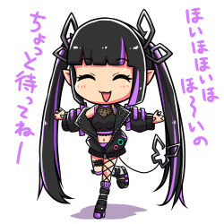 Rule 34 | 1girl, black hair, black ribbon, black shirt, blouse, blunt bangs, blush, breasts, chibi, cleavage, closed eyes, commentary request, crop top, demon girl, demon horns, demon tail, engacyo (engacyo39800yen), full body, heart, heart print, horns, jacket, jewelry, kojo anna, kojo anna (1st costume), leg ribbon, long hair, long sleeves, medium breasts, multicolored hair, nanashi inc., navel, off shoulder, open clothes, open jacket, open mouth, pointy ears, purple hair, ribbon, ring, running, see-through, see-through cleavage, see-through shirt, shirt, shoes, simple background, smile, sneakers, solo, sugar lyric, tail, translation request, twintails, two-tone hair, very long hair, virtual youtuber, white background, zipper