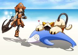 Rule 34 | &gt; &lt;, 2girls, :3, absurdres, anchor, animal ears, beach, blazblue, boots, brown hair, cat ears, cat tail, closed eyes, cloud, crying, day, dolphin, eating, fingerless gloves, gloves, guilty gear, hat, heart, highres, hood, hooded jacket, jacket, may (guilty gear), multiple girls, ocean, orange eyes, orange hat, pirate hat, red eyes, sand, skull and crossbones, tail, taokaka, weapon, x3