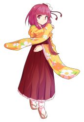 Rule 34 | 1girl, alphes (style), blunt bangs, bobby socks, bow, closed mouth, dairi, eyebrows, facing away, floral print, flower, frilled skirt, frills, full body, hair flower, hair ornament, hakama, hakama skirt, haori, hieda no akyuu, high-waist skirt, japanese clothes, long skirt, long sleeves, parody, pleated skirt, purple eyes, purple hair, red bow, red hakama, red skirt, short hair, skirt, smile, socks, solo, standing, style parody, tabi, tareme, touhou, transparent background, white socks, wide sleeves