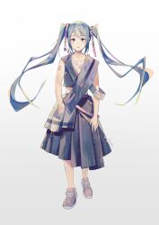 Rule 34 | 1girl, arm tattoo, blue eyes, blue hair, crypton future media, dress, hatsune miku, highres, itooku, long hair, looking at viewer, multicolored eyes, shoes, tattoo, twintails, yellow eyes