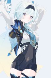Rule 34 | 1girl, arms up, bare shoulders, blue feathers, blue hair, blue necktie, cape, closed mouth, covered navel, eula (genshin impact), eyelashes, feathers, frills, genshin impact, gradient cape, gradient clothes, grey background, hair ornament, hairband, highres, light blue hair, long hair, mono 02, necktie, purple eyes, simple background, single bare shoulder, solo, vision (genshin impact)
