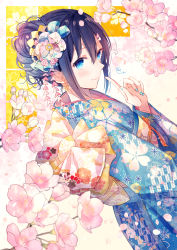 Rule 34 | 1girl, blue eyes, blue hair, blue kimono, blue nails, blue ribbon, commentary request, floral print, flower, goma (11zihisin), hair between eyes, hair ornament, hair ribbon, highres, japanese clothes, kimono, looking at viewer, nail polish, original, pink flower, pink nails, ribbon, solo