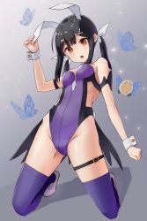 Rule 34 | 1girl, absurdres, adapted costume, animal ears, black hair, bow, bowtie, breasts, brown eyes, bug, butterfly, detached collar, fake animal ears, fate/kaleid liner prisma illya, fate (series), full body, gradient background, hair ornament, hair ribbon, highres, insect, kopaka (karda nui), leotard, long hair, looking at viewer, magical girl, miyu edelfelt, playboy bunny, purple background, purple leotard, purple thighhighs, rabbit ears, rabbit tail, ribbon, small breasts, solo, strapless, strapless leotard, tail, thighhighs, twintails, wrist cuffs, x hair ornament