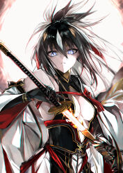 Rule 34 | 1girl, absurdres, armor, backlighting, bare shoulders, black gloves, black hair, black shirt, black skirt, blue eyes, breasts, center opening, cleavage, detached sleeves, drawing sword, facial mark, fate/grand order, fate (series), forehead mark, gloves, glowing, glowing eyes, gold trim, hair between eyes, halterneck, high ponytail, highres, holding, holding sword, holding weapon, japanese armor, katana, kino kokko, layered skirt, long hair, looking at viewer, medium breasts, multicolored hair, nagao kagetora (fate), sheath, shirt, sidelocks, skirt, solo, sword, two-tone hair, uesugi kenshin (fate), uesugi kenshin (third ascension) (fate), very long hair, weapon, white hair, white skirt, wide sleeves