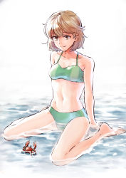 Rule 34 | 1girl, absurdres, barefoot, bikini, breasts, brown eyes, brown hair, closed mouth, crab, green bikini, highres, ichifuji, kantai collection, oboro (kancolle), short hair, simple background, sitting, small breasts, solo, swimsuit, water