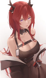 Rule 34 | 1girl, arknights, bad id, bad pixiv id, bare shoulders, belt, black belt, black dress, breasts, cleavage, commentary, detached collar, dress, gradient background, grey background, hair between eyes, highres, horns, large breasts, purple eyes, red hair, resolution mismatch, revision, rifu (643763873), solo, source smaller, surtr (arknights), upper body