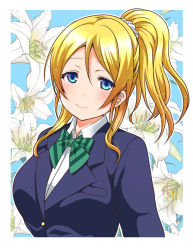 Rule 34 | 1girl, artist request, ayase eli, blonde hair, blue eyes, blush, bow, bowtie, buttons, collared shirt, earrings, female focus, green bow, green bowtie, hair bow, jewelry, lilies, loafers, long hair, looking at viewer, love live!, love live! school idol project, neckwear request, otonokizaka school uniform, parted lips, ponytail, school uniform, scrunchie, shirt, shoes, short hair, short sleeves, smile, solo, striped, striped bow, sweater vest, vest, white scrunchie, yesporuporu