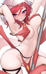 Rule 34 | 1girl, armpits, arms up, bouncing breasts, breast curtains, breasts, cleft of venus, commission, dancer, highres, looking at viewer, love live!, love live! school idol project, medium breasts, mitsukuni, navel, nishikino maki, no panties, pelvic curtain, pixiv commission, pole dancing, purple eyes, pussy, red hair, revealing clothes, shiny skin, short hair, smile, solo, standing