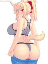 Rule 34 | 1girl, animal ears, ass, bare arms, bare shoulders, blonde hair, blue pants, blush, breasts, cat ears, cat girl, cat tail, commentary, english commentary, from behind, grey sports bra, hair ornament, highres, large breasts, long hair, looking at viewer, looking back, nottytiffy, original, pants, parted lips, patreon username, ponytail, red eyes, simple background, solo, sports bra, tail, tiffy (nottytiffy), white background