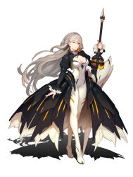 Rule 34 | 1girl, absurdres, bodysuit, braid, breasts, cleavage, commentary, cropped jacket, detached sleeves, dramz, full body, grey hair, highres, holding, holding weapon, lance, long hair, long sleeves, looking at viewer, medium breasts, original, overskirt, parted lips, polearm, puffy sleeves, shadow, simple background, skin tight, solo, standing, turtleneck, weapon, white bodysuit, yellow eyes