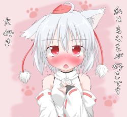Rule 34 | 1girl, :&lt;, animal ears, bare shoulders, chestnut mouth, confession, detached sleeves, fang, female focus, gauntlets, hand on own chest, hat, hat ribbon, inubashiri momiji, oden (th-inaba), open mouth, paw print, red eyes, ribbon, shirt, short hair, silver hair, solo, tokin hat, touhou, translated, trembling, upper body, wolf ears