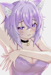 Rule 34 | 1girl, :3, ahoge, animal ear fluff, animal ears, arm up, armpit crease, armpits, averting eyes, black collar, blush, breasts, camisole, cat choker, cat ears, cat girl, cleavage, collar, collarbone, commentary, convenient arm, covered erect nipples, crossed bangs, english commentary, grey background, hair between eyes, hand up, highres, hololive, large breasts, looking to the side, medium hair, nekomata okayu, purple camisole, purple ears, purple eyes, purple hair, see-through, see-through camisole, sidelighting, solo, sweatdrop, upper body, virtual youtuber, warg game