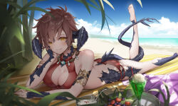Rule 34 | 1girl, au ra, beach, beach towel, bikini, blush, breasts, brown hair, cleavage, closed mouth, cloud, commentary, commission, cup, day, dragon girl, dragon horns, dragon tail, drink, drinking straw, final fantasy, final fantasy xiv, food, full body, head rest, highres, horns, ice cream, jewelry, looking at viewer, lying, medium breasts, messy hair, metatarou, necklace, ocean, on stomach, outdoors, pixie cut, red bikini, scales, short hair, skeb commission, smile, solo, swimsuit, tail, towel, tree, warrior of light (ff14), yellow eyes