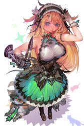 Rule 34 | 1girl, black cat, blush, breasts, calico, cat, commentary, fantasy, from above, full body, gauntlets, green skirt, hair ornament, hairband, hairclip, holding, holding knife, holding weapon, knife, large breasts, lolita hairband, long hair, orange hair, original, shadow, shirt, sideboob, simple background, skirt, sleeveless, solo, standing, very long hair, voruvoru, weapon, white background, white shirt