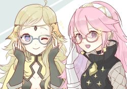 Rule 34 | 2girls, ahoge, artist name, bespectacled, blonde hair, blue eyes, circlet, closed mouth, commentary request, fire emblem, fire emblem fates, fire emblem heroes, glasses, gloves, hairband, long hair, multiple girls, nintendo, one eye closed, open mouth, ophelia (fire emblem), pink eyes, pink hair, smile, soleil (fire emblem), solfa (gikosweety)