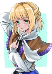 Rule 34 | 1girl, arm warmers, black shirt, blonde hair, blush, brown shirt, commentary, expressionless, flat chest, green eyes, half updo, highres, looking at viewer, mizuhashi parsee, otsu toho, parted lips, scarf, shirt, short hair, short sleeves, solo, touhou, undershirt, upper body, white scarf