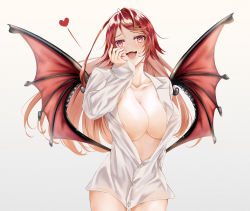 Rule 34 | 1girl, beige background, bottomless, breasts, cleavage, collarbone, collared shirt, cowboy shot, demon girl, demon horns, demon wings, dress shirt, epis, epis (king&#039;s raid), fangs, hand on own cheek, hand on own face, hand up, heart, horns, kazuya 31, king&#039;s raid, large breasts, long hair, long sleeves, looking afar, looking at viewer, navel, no bra, open mouth, partially unbuttoned, red eyes, red hair, red wings, shirt, simple background, sleeves past wrists, solo, swept bangs, tongue, white shirt, wings