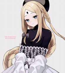 Rule 34 | 1girl, abigail williams (event portrait) (fate), abigail williams (fate), black hat, blonde hair, blue eyes, bodystocking, braid, braided ponytail, breasts, closed mouth, dress, fate/grand order, fate (series), forehead, grey dress, hat, highres, keyhole, long hair, long sleeves, looking at viewer, off shoulder, parted bangs, sidelocks, small breasts, smile, solo, sumi (gfgf 045), very long hair