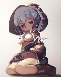 Rule 34 | 1girl, bikini, boots, breasts, brown footwear, chii (tsumami tsumamare), cleavage, closed mouth, cross-laced footwear, full body, gradient background, grey background, grey hair, hair between eyes, heart, heart print, highres, hood, large breasts, looking at viewer, navel, original, pink eyes, seiza, short hair, sitting, solo, swimsuit, white bikini