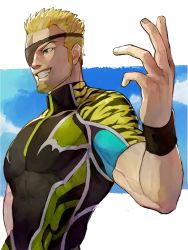 Rule 34 | 1boy, animal print, blonde hair, blue eyes, blue sky, cloud, covered abs, eyepatch, facial hair, goatee, grin, highres, male focus, oni gini, pectorals, ramon (kof), short hair, short sleeves, sideburns, sky, smile, snk, solo, spiked hair, the king of fighters, tiger print, upper body, wristband