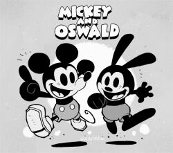 Rule 34 | 1930s (style), 2boys, clenched hand, commentary, disney, english commentary, english text, greyscale, highres, mickey mouse, monochrome, mouse (animal), mouse tail, multiple boys, open hand, oswald the lucky rabbit, pointing, pointing up, rabbit, rariatto (ganguri), shoes, shorts, tail, toon (style), twitter username