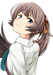 Rule 34 | 10s, 1girl, aqua necktie, arms behind back, blouse, blue eyes, blush, brown hair, collared shirt, dress, from side, hair ornament, hair ribbon, head tilt, highres, kamelie, kantai collection, kazagumo (kancolle), long hair, looking at viewer, looking back, necktie, ponytail, ribbon, school uniform, shaft look, shirt, simple background, sleeveless, sleeveless dress, smile, solo, tsurime, upper body, white background, white shirt