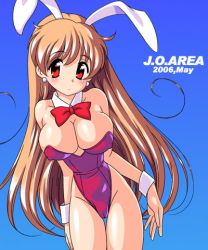 Rule 34 | 1girl, animal ears, bare legs, blue background, breasts, cleavage, cowboy shot, dated, detached collar, fake animal ears, highleg, jo area, large breasts, leotard, lowres, playboy bunny, rabbit ears, simple background, solo