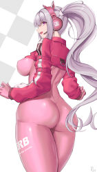 Rule 34 | 1girl, absurdres, alice (nikke), ass, bodysuit, breasts, commentary, english commentary, from behind, goddess of victory: nikke, headset, highres, jacket, kakeku, large breasts, long hair, long sleeves, looking at viewer, looking back, parted lips, pink bodysuit, pink jacket, purple eyes, skin tight, smile, thighs, twintails