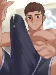 Rule 34 | 1boy, abs, bara, black male underwear, blush, boxers, brown hair, bulge, crotch, cum, cum in clothes, cum string, cum through clothes, erection, erection under clothes, from below, goburin second, highres, large pectorals, long sideburns, male focus, male underwear, muscular, muscular male, nipples, original, pectorals, short hair, sideburns, solo, spread legs, stomach, sweatdrop, thick eyebrows, thighs, topless male, underwear