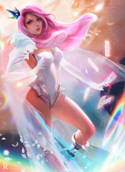 Rule 34 | 1girl, breasts, card, crown, floating hair, large breasts, lips, long hair, pink hair, red eyes, ross tran, solo, thighs