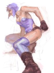 Rule 34 | 1girl, angry, arisue kanako, ass, boots, breasts, fighting stance, fingerless gloves, ghost in the shell, gloves, kusanagi motoko, legs, profile, purple hair, short hair, solo