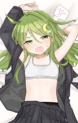 Rule 34 | 1girl, ahoge, anger vein, arms behind head, black skirt, blush, commentary request, crescent, crescent hair ornament, emirio (emirio110), fang, flat chest, from above, green eyes, green hair, hair ornament, half-closed eyes, highres, kantai collection, long hair, long sleeves, looking at viewer, lying, nagatsuki (kancolle), on back, on bed, open clothes, open mouth, pleated skirt, school uniform, skin fang, skirt, solo, speech bubble, spoken anger vein, sports bra, upper body