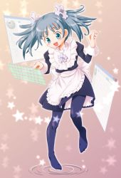 Rule 34 | 1girl, :d, apron, aqua eyes, black pantyhose, blue eyes, blue hair, blush, brown background, cpro, full body, hair ornament, hands up, happy, jigsaw puzzle, juliet sleeves, keyboard, keyboard (computer), long sleeves, looking down, maid, maid apron, no shoes, open mouth, pantyhose, puffy sleeves, puzzle, puzzle piece, ripples, short hair, short twintails, silk, smile, solo, standing, standing on one leg, star (symbol), starry background, twintails, typing, waist apron, white apron, wikipe-tan, wikipedia