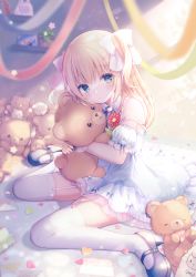 Rule 34 | 1girl, absurdres, black footwear, blonde hair, blue eyes, blush, commentary request, hugging doll, dress, emori el, full body, garter straps, hair ribbon, highres, huge filesize, indoors, japanese clothes, kon hoshiro, letter, liver city, long hair, looking at viewer, hugging object, on bed, ribbon, shoes, short sleeves, solo, strap slip, stuffed animal, stuffed toy, teddy bear, thighhighs, two side up, white dress, white ribbon, white thighhighs