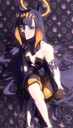 Rule 34 | 1girl, bare legs, bare shoulders, black dress, detached sleeves, dress, flat chest, goingincognito, halo, highres, hololive, hololive english, long hair, looking at viewer, ninomae ina&#039;nis, ninomae ina&#039;nis (1st costume), purple eyes, purple hair, single detached sleeve, single thighhigh, smile, solo, strapless, strapless dress, tentacle hair, thighhighs, tube dress, virtual youtuber, white sleeves, white thighhighs