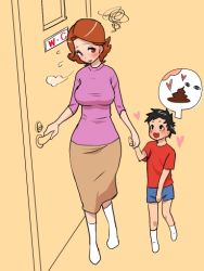 Rule 34 | 1boy, 1girl, age difference, bathroom, black hair, blush, brown hair, child, heart, holding hands, looking up, poop, restroom, short hair, thought bubble, zuburoku