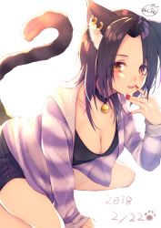 Rule 34 | 1girl, :d, animal ear fluff, animal ears, arm support, bell, black shorts, blush, breasts, casual, cat ears, chita (ketchup), cleavage, collar, collarbone, dated, finger to mouth, fingernails, forehead, highres, jacket, jingle bell, kneeling, leaning forward, long sleeves, looking at viewer, medium breasts, nail polish, open clothes, open jacket, open mouth, original, parted bangs, red nails, short hair, shorts, simple background, smile, solo, striped clothes, striped jacket, tank top, teeth, thighs, twitter username, white background, yellow eyes