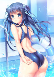 Rule 34 | 1girl, adjusting clothes, adjusting swimsuit, ass, blue eyes, blue hair, blush, commentary request, cowboy shot, double bun, hair between eyes, hair bun, hair ribbon, highres, holding, holding swim ring, indoors, innertube, looking at viewer, looking back, original, partially submerged, pool, pool ladder, ribbon, school swimsuit, sidelocks, solo, swim ring, swimsuit, twintails, umitonakai, water