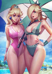 Rule 34 | 2girls, bare shoulders, bikini, blonde hair, blue eyes, blue one-piece swimsuit, breasts, choker, cleavage, cowboy shot, crown, earrings, green bikini, hair over one eye, hand on own hip, jewelry, large breasts, leotard, lips, long hair, looking at viewer, mario (series), mario kart, mario kart 8, multiple girls, navel, nintendo, one-piece swimsuit, open mouth, phamoz, pink one-piece swimsuit, princess peach, race queen, rosalina, star (symbol), super mario bros. 1, super mario galaxy, swimsuit, umbrella, wristband