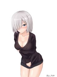Rule 34 | 10s, 1girl, absurdres, akur kaff, alternate costume, artist name, bad id, bad pixiv id, black sweater, blush, breasts, cleavage, closed mouth, collarbone, cowboy shot, dress, hair ornament, hair over one eye, hairclip, hamakaze (kancolle), highres, kantai collection, leaning forward, medium breasts, nose blush, short hair, silver hair, simple background, sleeves past wrists, solo, standing, sweater, sweater dress, white background