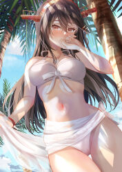 Rule 34 | 1girl, bikini, black hair, blue sky, blush, breasts, brown eyes, cleavage, commentary request, covering own mouth, hair between eyes, hair ornament, hairclip, halterneck, haruna (kancolle), haruna kai ni (kancolle), headgear, highres, kantai collection, large breasts, long hair, looking at viewer, miyazaki yukichi, navel, official alternate costume, outdoors, palm tree, sarong, sky, solo, swimsuit, tree, white bikini, white sarong