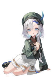 Rule 34 | 1girl, absurdres, ahoge, arm rest, azur lane, black footwear, black ribbon, blue eyes, blue hair, colored inner hair, cropped jacket, dress, food, full body, green headwear, green jacket, hair between eyes, hair ribbon, highres, holding, holding food, holding ice cream, ice cream, jacket, libeccio (azur lane), licking lips, long hair, long sleeves, looking at viewer, medal, multicolored hair, ribbon, simple background, solo, sunlinli2001, tongue, tongue out, white background, white dress, white hair