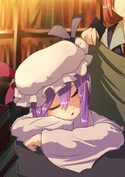 Rule 34 | 2girls, blanket, book, book stack, bookshelf, covering with blanket, closed eyes, female focus, hashiro, hat, hat ribbon, highres, koakuma, multiple girls, open mouth, patchouli knowledge, purple hair, red hair, ribbon, sleeping, touhou